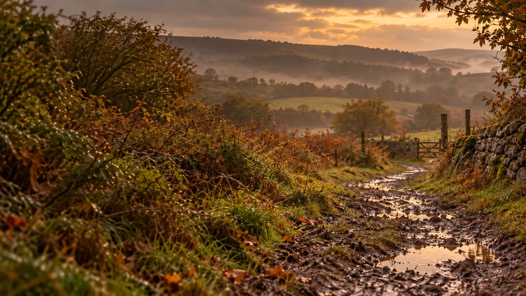 A muddy countryside path, with rain clouds ahead.